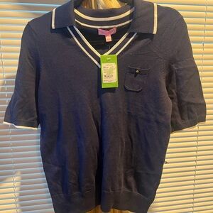Lilly Pulitzer Navy Blue Short Sleeve Sweater with White Trim